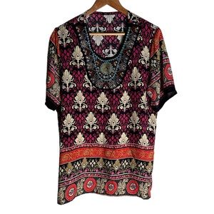 Women’s Embroidered Sequin Multi-Colour Print Boho Top Large